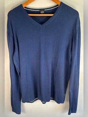 Hugo Boss Men’s V Neck Sweater Size XL Slim Fit Navy 100% Cotton Stretch LS